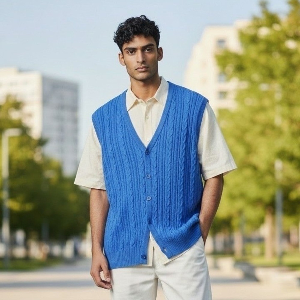 Alan Flusser Mens Royal Blue Cable Knit Cotton Button Front Cardigan Vest Size M